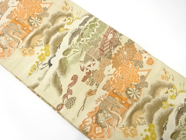 アンティーク　貝桶に鶴・御所車模様織出し丸帯（材料）